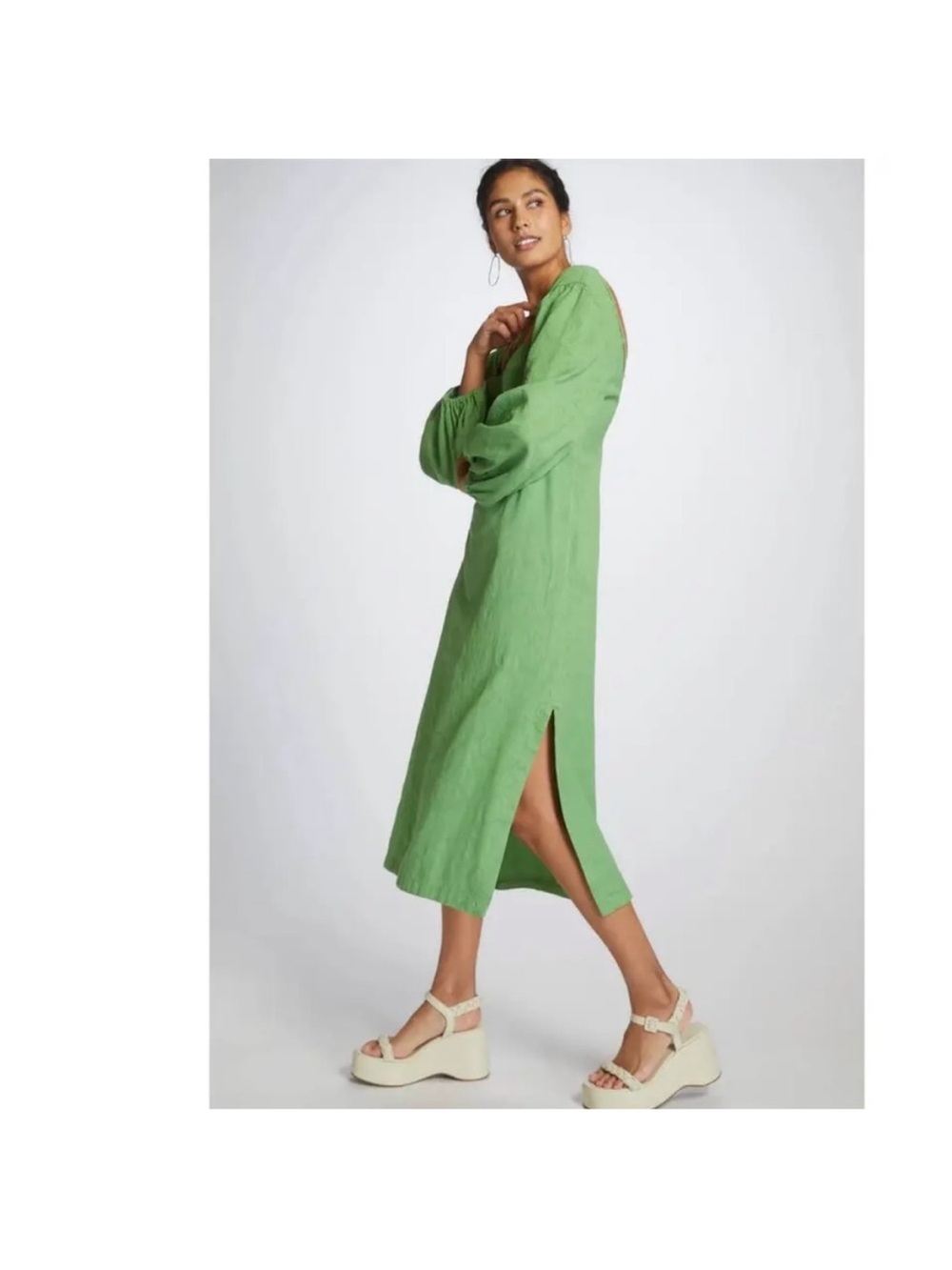 Maeve Anthropologie Green Jacquard Open Back Midi Dress Puff Sleeve US 10 - Picture 6 of 14